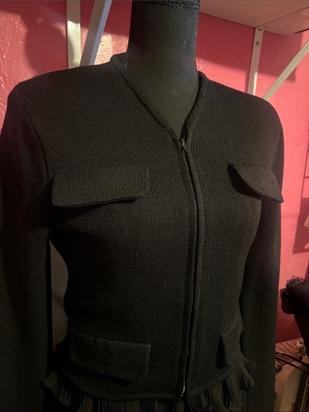 St. John Black Knit Cropped Jacket with Flap Pockets